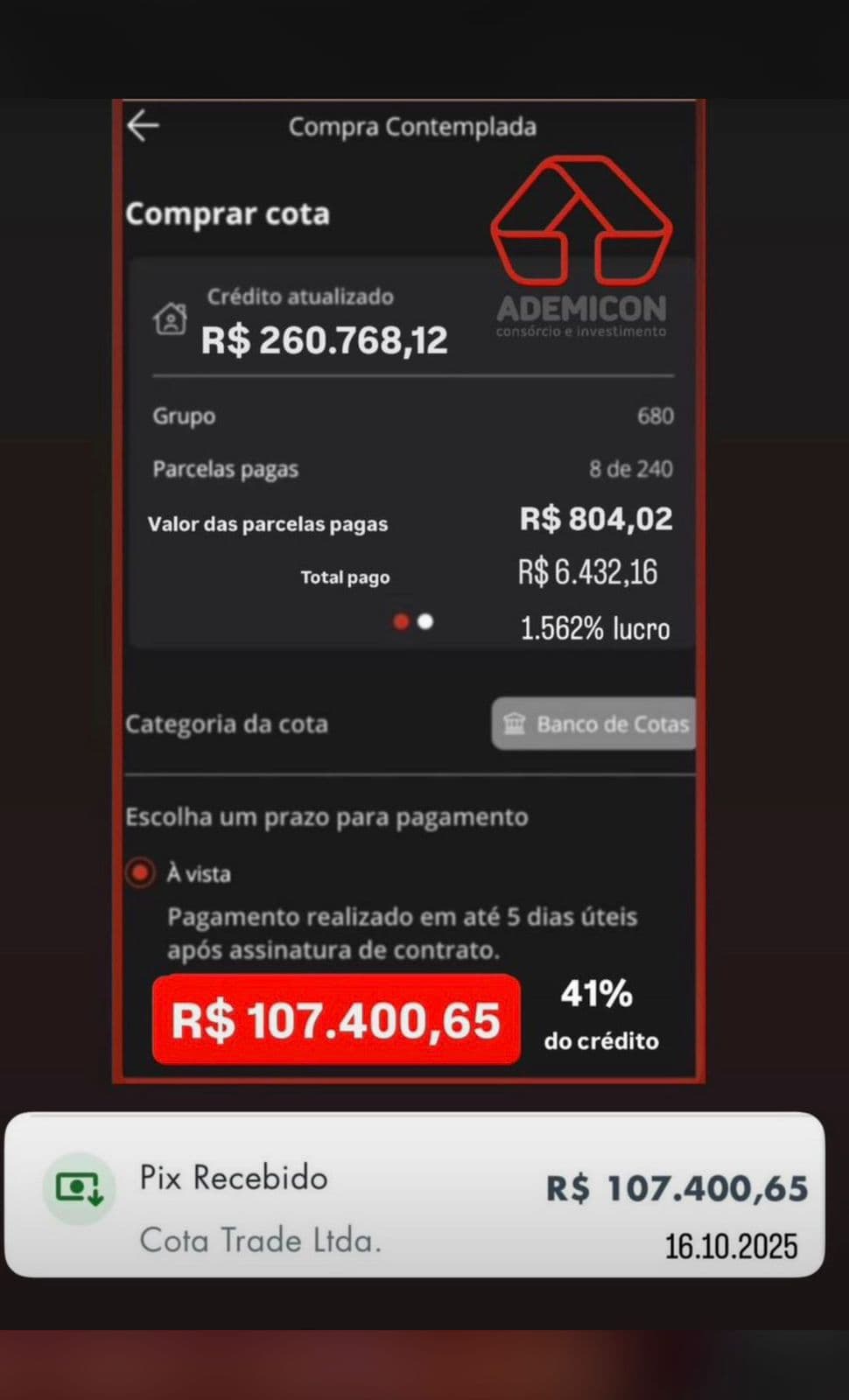 Exemplo compartilhado de compra contemplada e Pix recebido